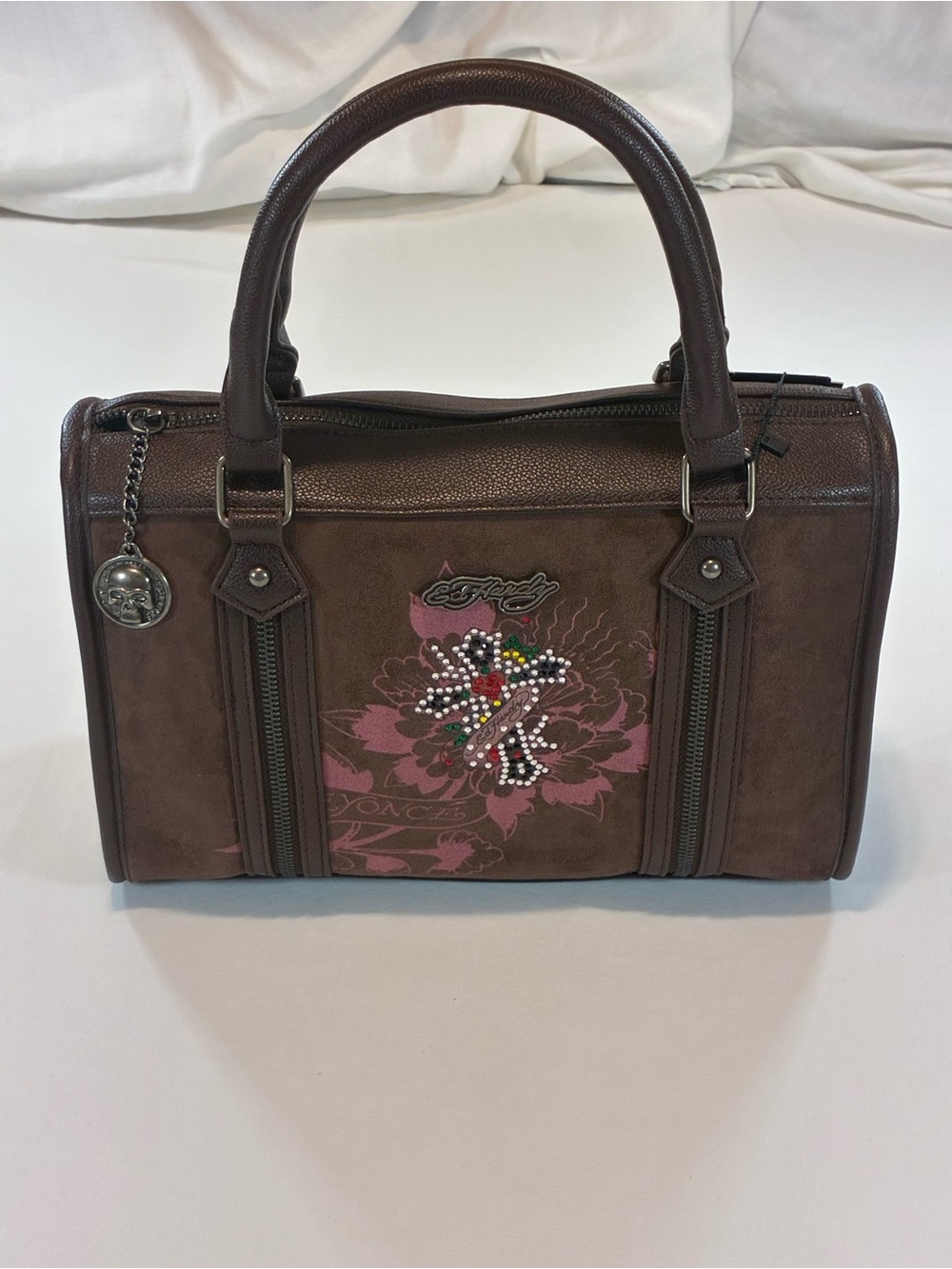 Ed Hardy Brown Satchel with Pink Floral and Rhinestone Accent